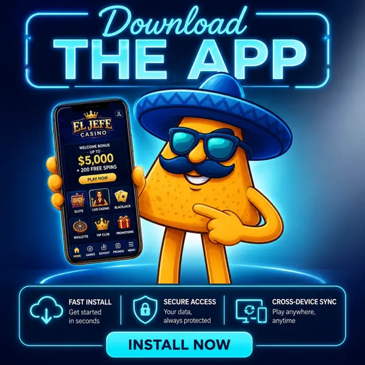 La mascotte nacho El Jefe presenta il download dell'app mobile Casinacho su schermo smartphone luminoso