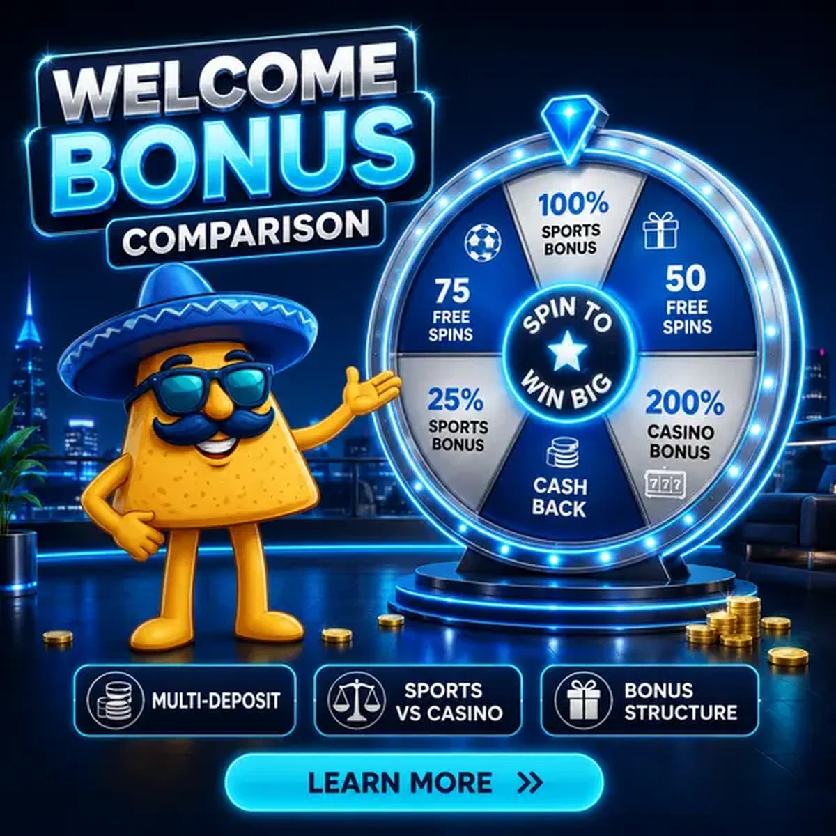 Casinacho Sports che presenta una ruota dei premi luminosa confrontando i bonus di benvenuto scommesse sportive