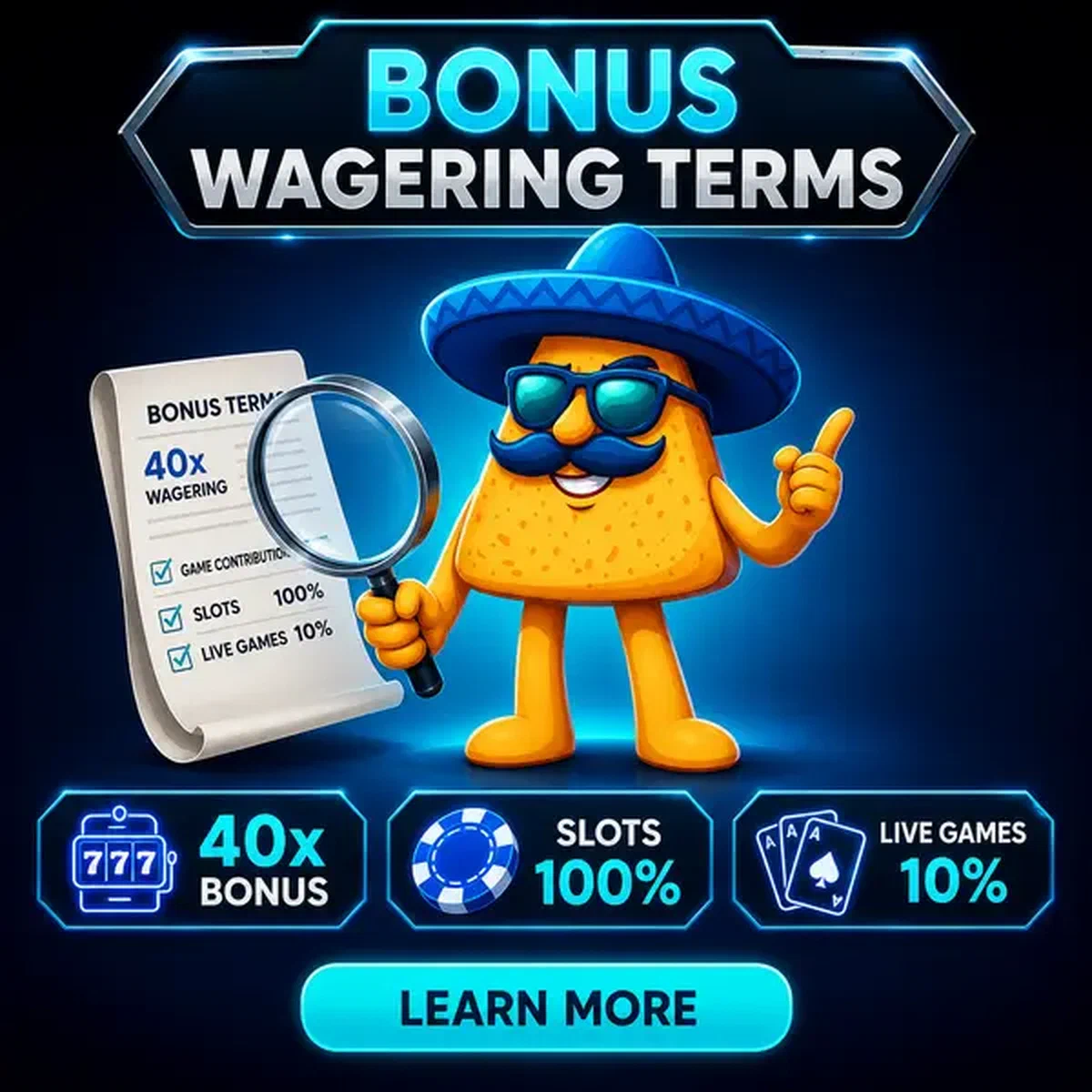 Personaggio Casinacho esamina i termini del requisito di puntata del bonus con lente d'ingrandimento nel casinò al neon