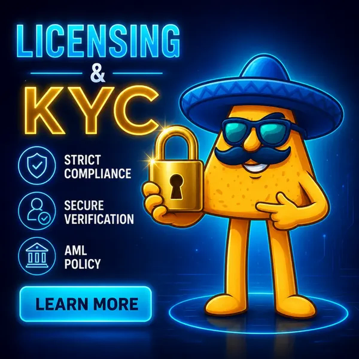 El Jefe nacho chip presenta un lucchetto dorato presso il centro di verifica Costa Rican Licensing and KYC Framework