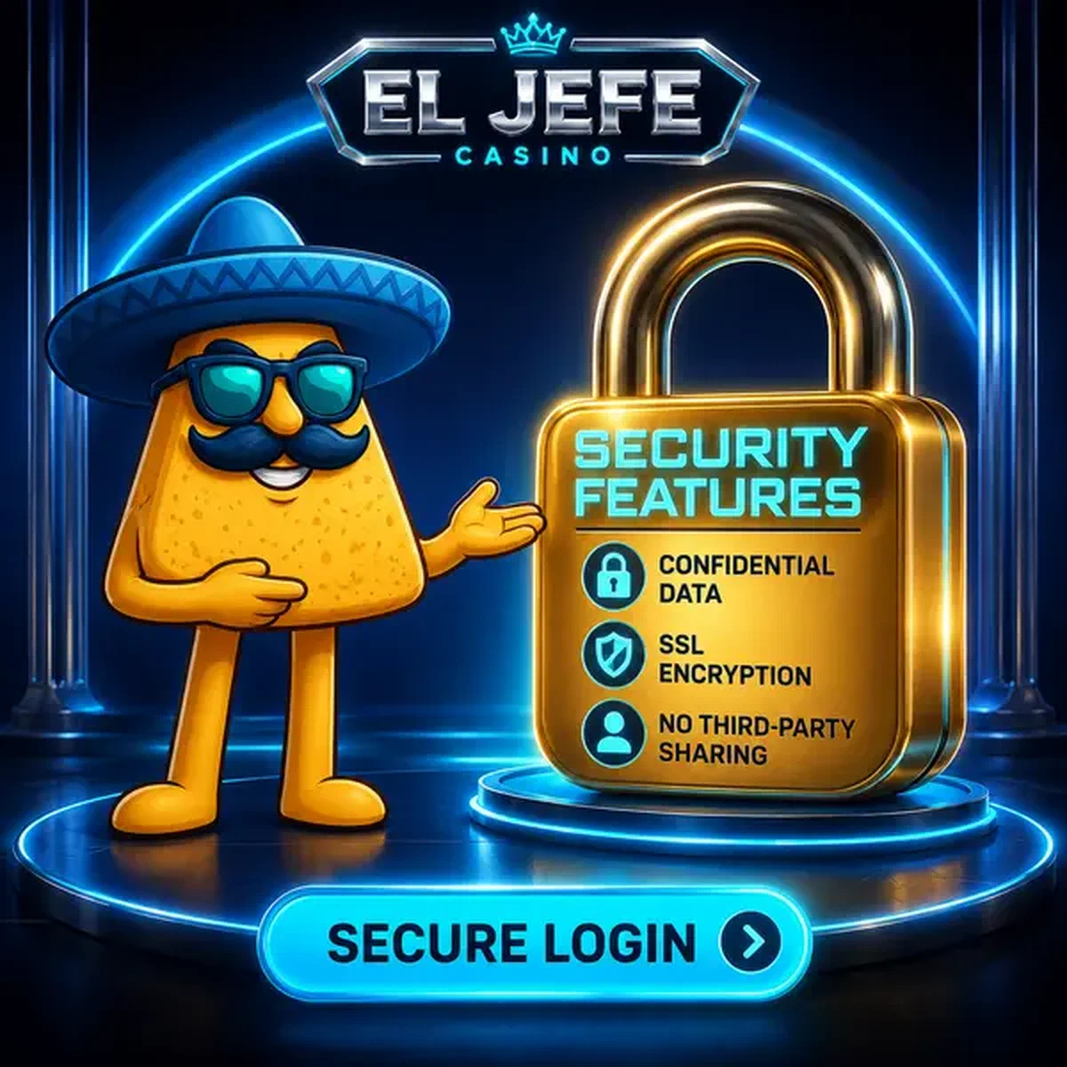 El Jefe nacho chip presenta funzionalità di login sicuro con lucchetto dorato presso Security Features and Password Recovery