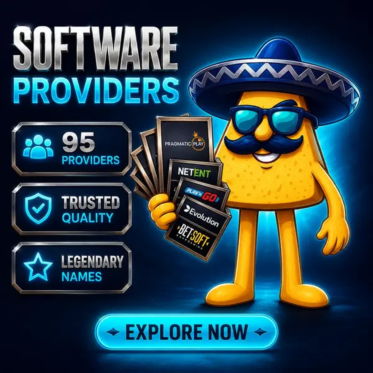 El Jefe nacho mascota presentando proveedores de software en Casinacho con fichas de juego abanicadas